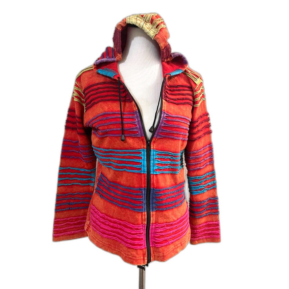 Zip-up Hoodie Zip Front Jacket Artsy Vintage Colorful Boho Size M 100% Cotton